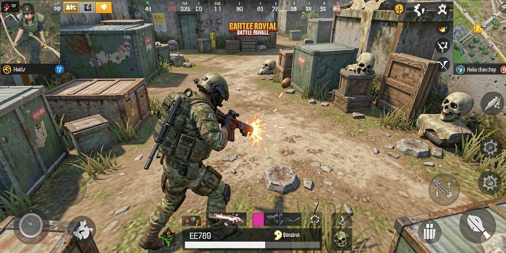 Screenshot utama EE789 menampilkan aksi Battle Royale yang mendebarkan.