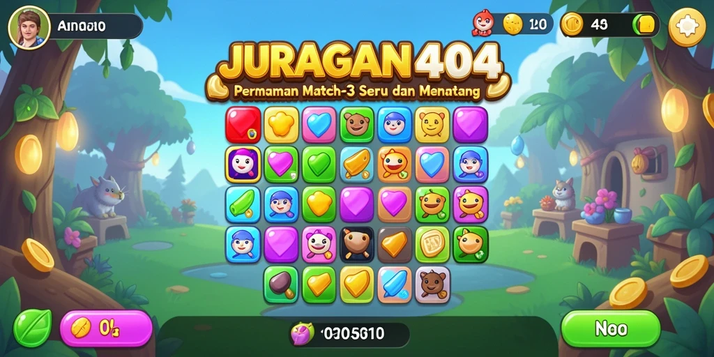Tangkapan layar gameplay <strong>JURAGAN404</strong> menampilkan aksi mencocokkan permata yang seru.