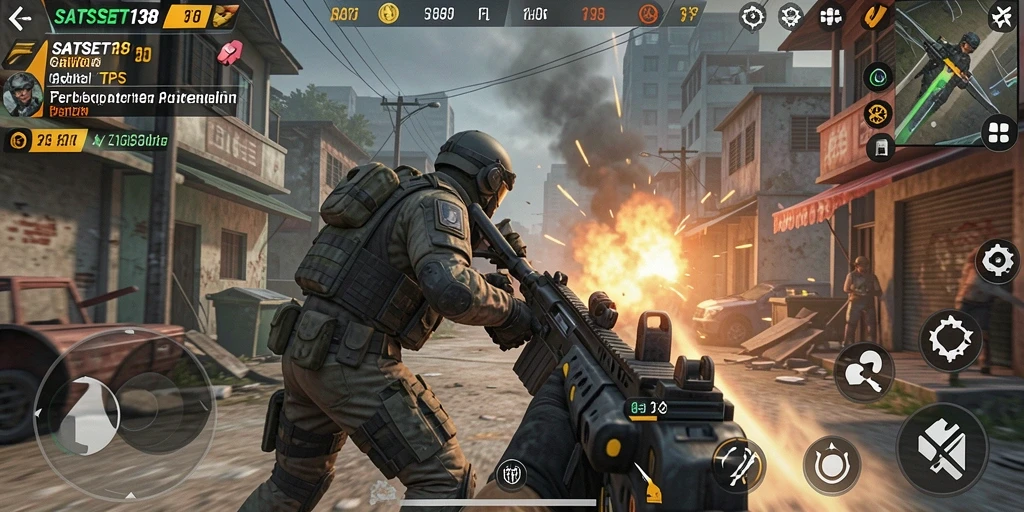 Tampilan gameplay seru dari SATSET138 yang menampilkan aksi tembak-menembak.