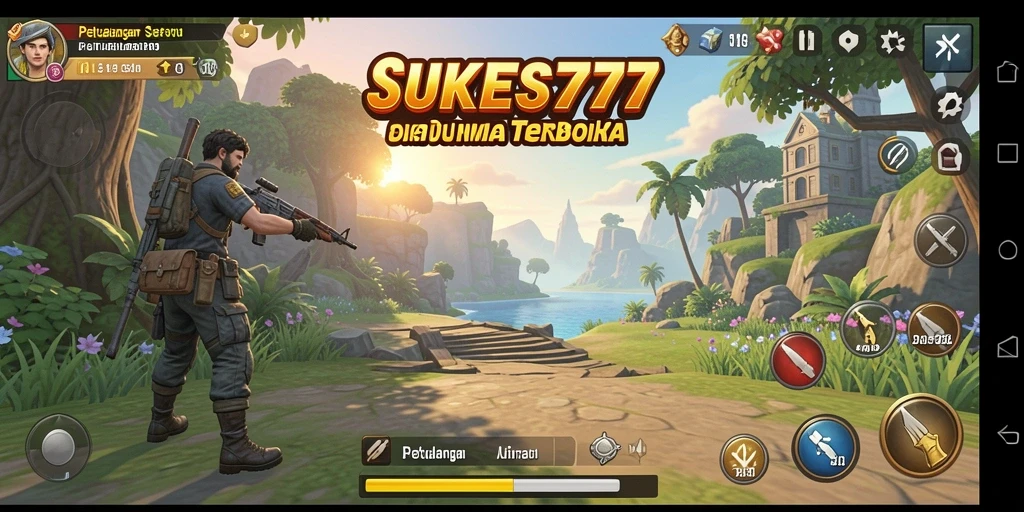 Screenshot utama SUKSES777 menampilkan pemain menjelajahi dunia terbuka yang indah.