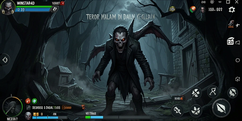 Screenshot gameplay WINSTAR4D menampilkan momen menegangkan saat menjelajahi kegelapan.